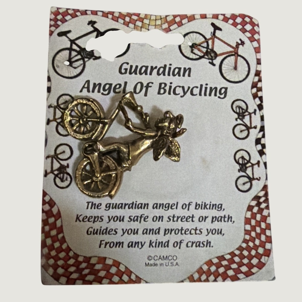 Camco Angel on Bicycle Lapel Pin Winged Cherub with Halo Gold-Tone
